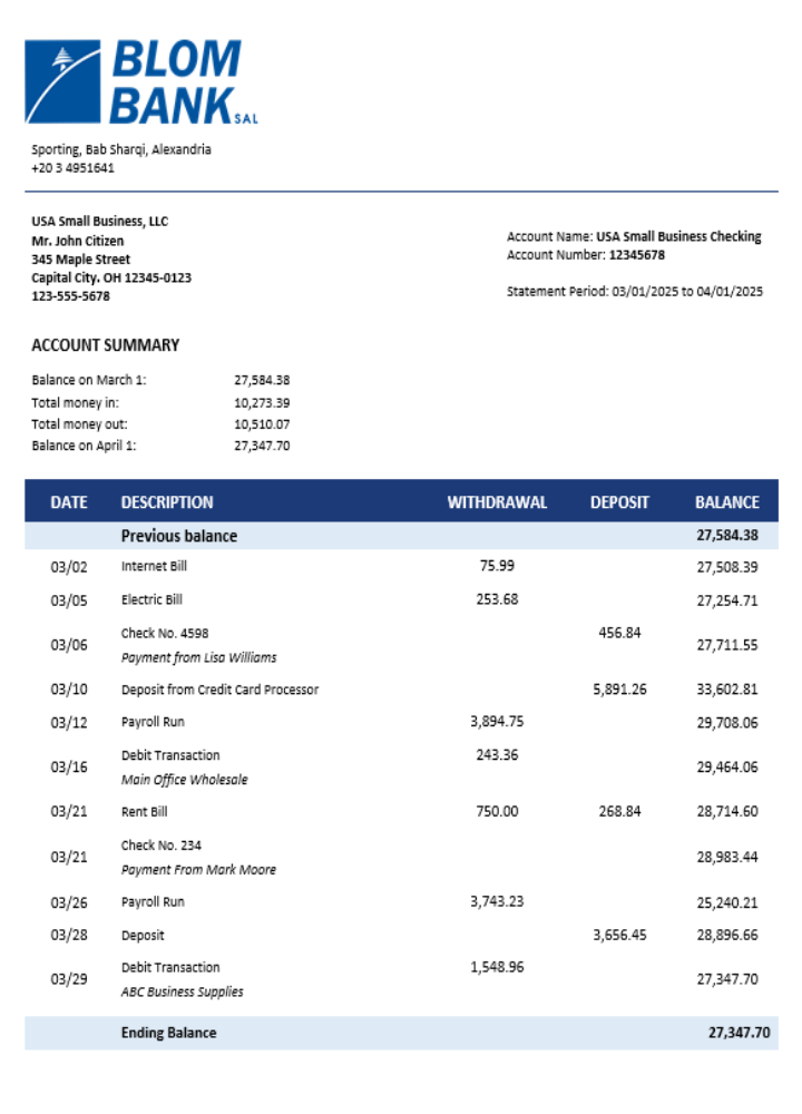 Modèle Word et PDF de relevé de compte d'entreprise de la Blom Bank of Egypt